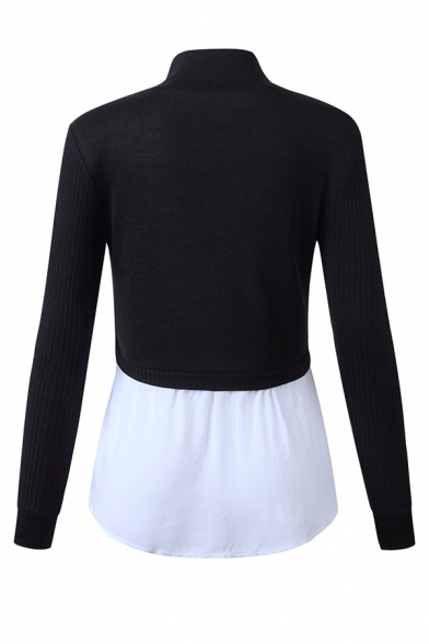 Womens Elegant Two-Tone High Collar Long Sleeve Slim Fit Two Piece Patch Pullover Sweater