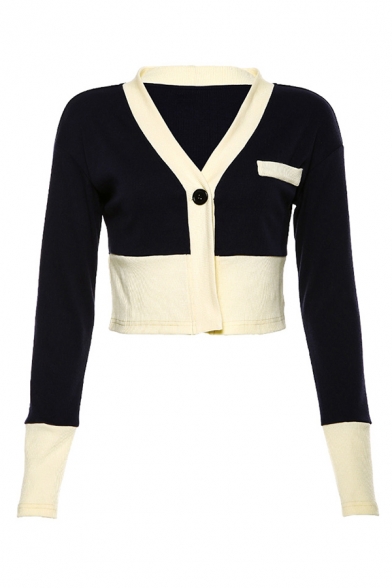 Womens Fashion Color Block Long Sleeve One Button Fitted Navy & Beige Cropped Cardigan Coat