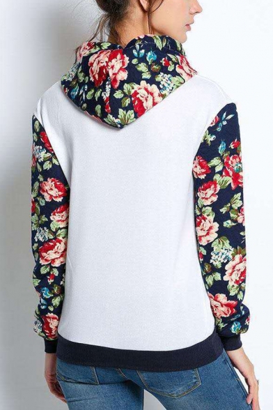 Womens Fashion Colorblock Floral Printed Long Sleeve Drawstring Hoodie with Pocket
