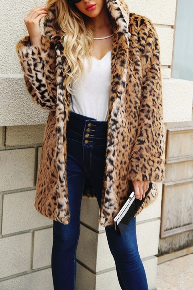 Womens Fashion Leopard Printed Long Sleeve Open Front Hooded Longline Faux Fur Coat