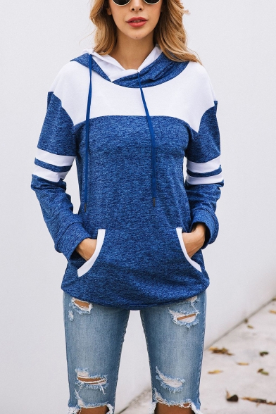 

Womens Fashionable Colorblock Stripe Long Sleeve Kangaroo Pocket Regular Fit Pullover Hoodie, Black;blue;dark gray, LC567873