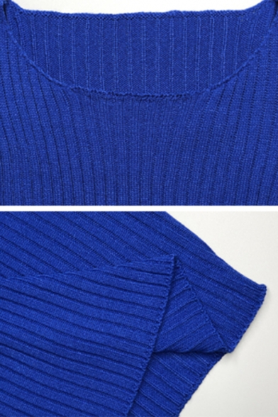 Womens Fashionable Royal Blue Round Neck Long Sleeve Short Ribbed Knit Pullover Sweater
