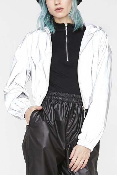 Womens Popular Streetwear Grey Long Sleeve Zip Up Reflective Cropped Coat Jacket with Hood