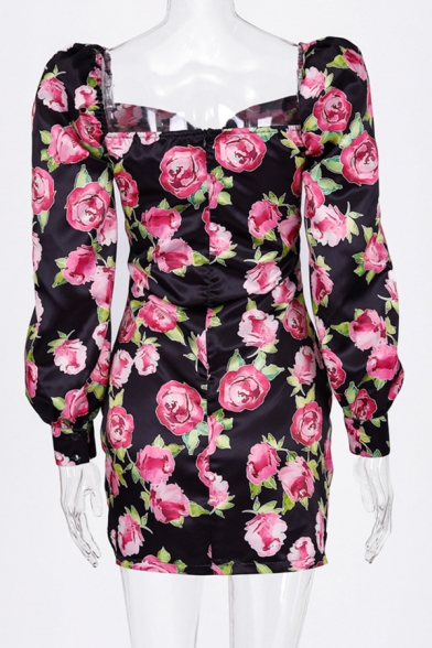 Womens Retro Allover Flowers Pattern Sweetheart Neck Puff Long Sleeve Black Mini Tulip Dress