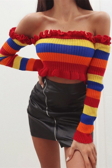 Womens Sexy Colorful Striped Off Shoulder Long Sleeve Stringy Selvedge Crop Sweater Top
