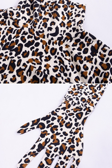 Womens Sexy Leopard Print Glove Sleeves High Collar Mini Bodycon Dress