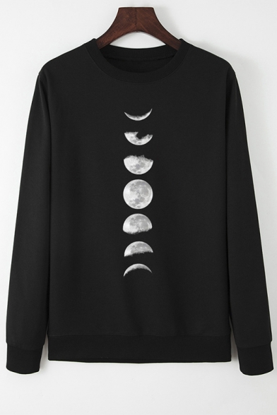 Womens Simple Moon Phase Pattern Long Sleeve Crewneck Casual Loose Sweatshirt