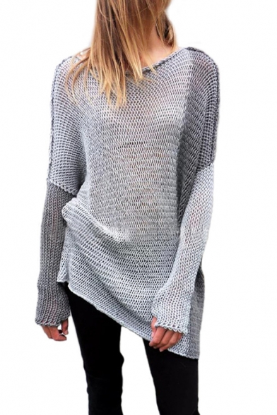 Womens Stylish Cut and Sew Contrast Long Sleeve Longline Gray Cozy Pullover Sweater