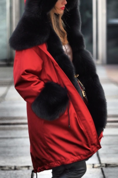 Womens Stylish Winter Warm Faux Fur Red Coat Long Outdoor Parka Coat with Hood