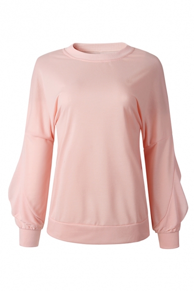 Womens Sweet Style Pink Ruffle Trimmed Long Sleeve Round Neck Regular Pullover Sweatshirt