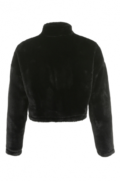 Womens Warm Black High Collar Long Sleeve Full Zip Cozy Lambswool Cropped Sweatshirt Jacket