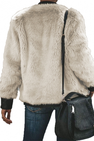 Womens Warm Snap Button Stand Collar Long Sleeve Flap Pocket PU Leather Patch Trim Zip Up Apricot Faux Fur Jacket Coat