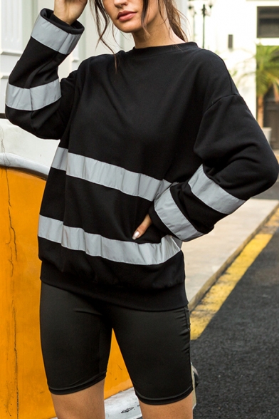 Classic Womens Reflective Stripe Splicing Crew Neck Long Sleeve Black Loose Pullover Sweatshirt