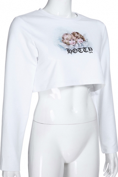 Cute Angle Baby Printed Long Sleeve Crew Neck White Cropped Sweatshirt