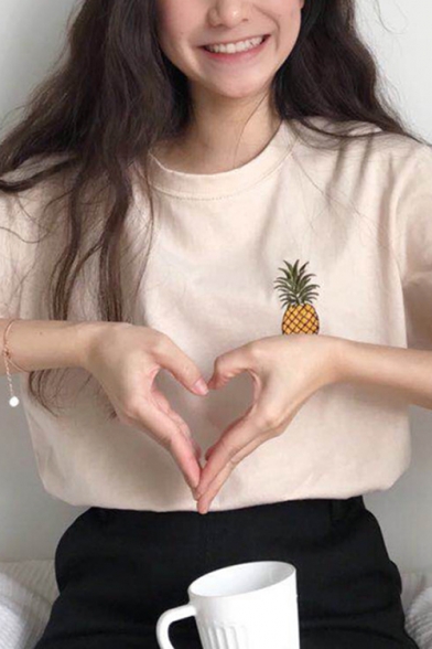 Cute Pineapple Printed Half Sleeve Round Neck Loose Fit T-Shirt