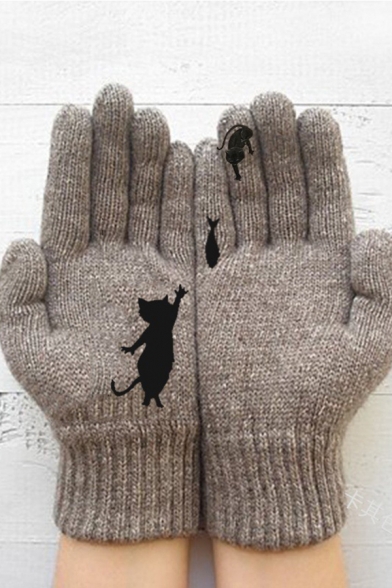 Girls Casual Cute Cartoon Cat and Fish Printed Warm Knit Gloves