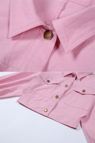 Girls Casual Long Sleeve Metal Button Fly Flap Pocket Solid Pink Crop Jacket Coat