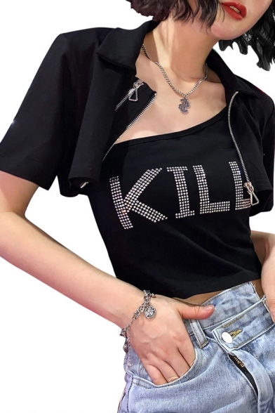 Girls Cool Rhinestone Letter KILL Printed Tank Short Sleeve Zip Placket Cropped Coat Black Casual Two-Piece Set