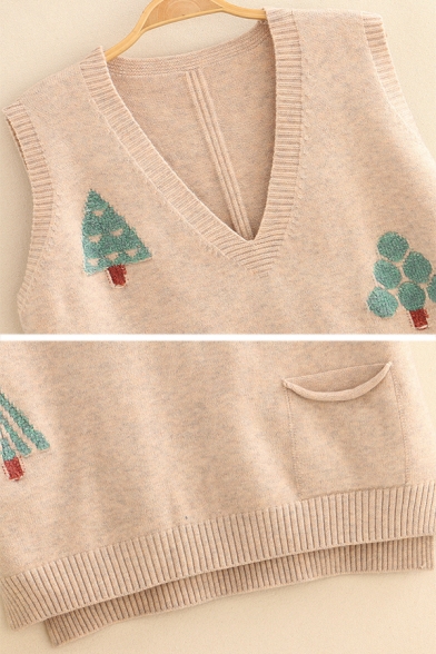Girls Lovely Cartoon Tree Embroidery Printed Sleeveless V-Neck High Low Knitted Pullover Vest with Pocket