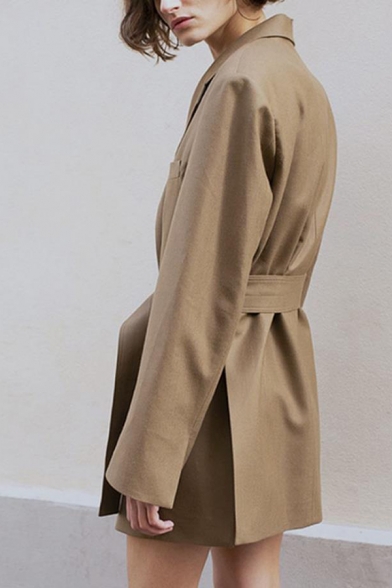 Ladies Casual Plain Dark Khaki Long Sleeve Notched Collar Belted Oversized Longline Blazer Coat
