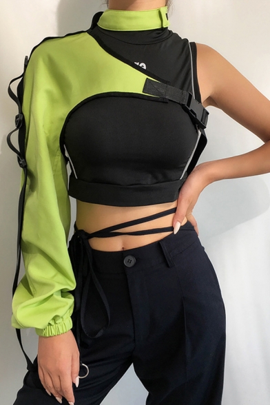 Ladies Hot Popular Street Punk Reflective One Shoulder Irregular Cargo Crop Top Sweatshirt