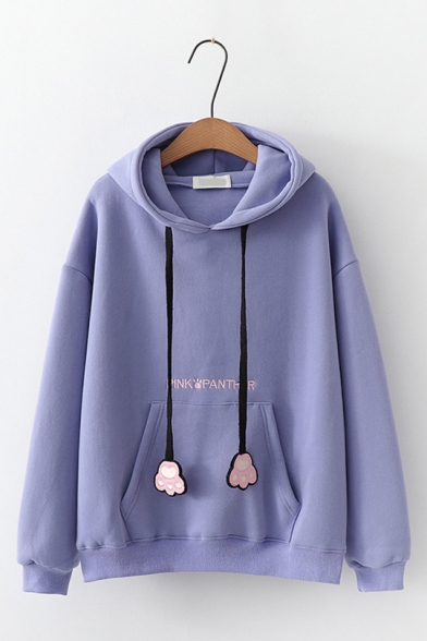 Letter PINK PANTHER Printed Long Sleeve Claw Embellished Drawstring Hood Pouch Pocket Casual Hoodie