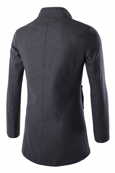 Mens Casual Plain Stand Up Collar Single Breasted Long Sleeve Longline Wool Coat