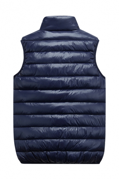 Mens Casual Solid Sleeveless Stand Collar Sleeveless Navy Warm Down Vest with Pocket