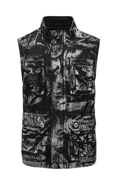 Mens Cool Camo Printed Stand Collar Sleeveless Conceal Placket Multi Pockets Outdoor Cargo Vest