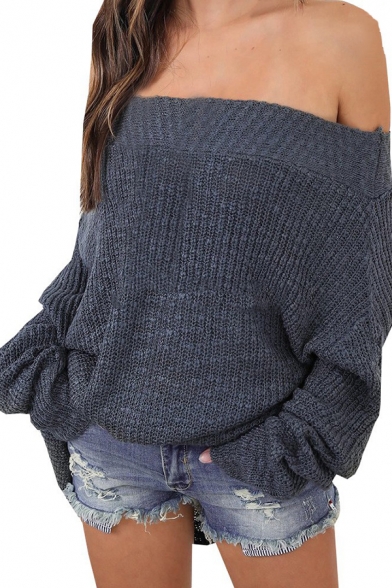 New Fashionable Off the Shoulder Long Sleeve Loose Fit Whole Colored Pullover Sweater