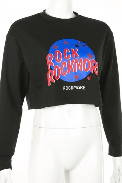 New Trendy Letter ROCKMORE Printed Long Sleeve Black Cropped Graphic Pullover Sweatshirt