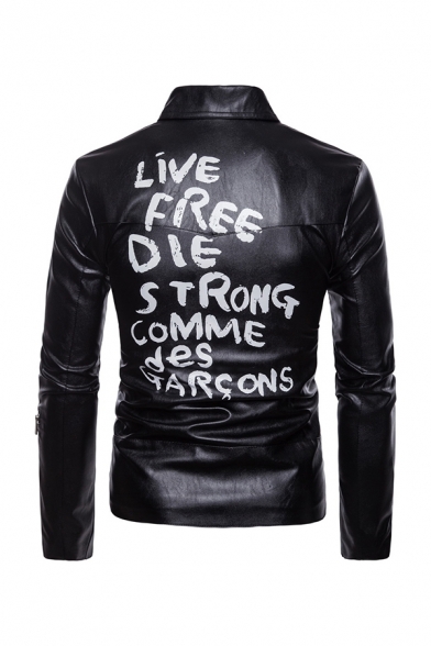 Punk Letter LIVE FREE DIE STRONG COMME DES GARCONS Printed Notch Lapel Oblique Zip Short PU Leather Jacket