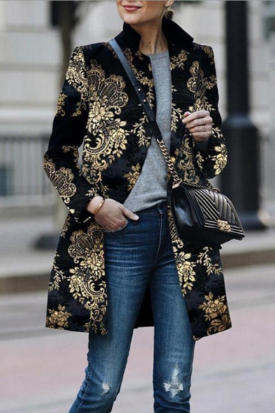 

Retro Floral Printed Long Sleeve Lapel Collar Black Longline Chic Overcoat for Women, LM568041