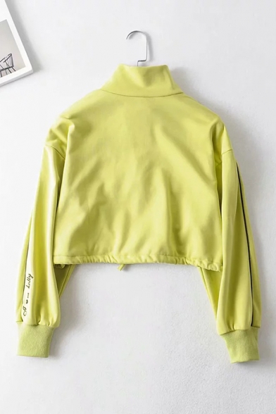 Stylish Green Embroidery Letter Stand Up Collar Half Zip Drawstring Hem Cropped Sweatshirt