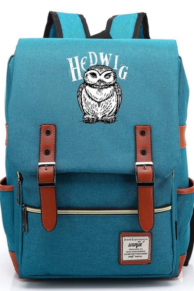 Stylish HEDWIG Letter Cartoon Owl Printed Zip Placket Backpack Schoolbag for Teenagers