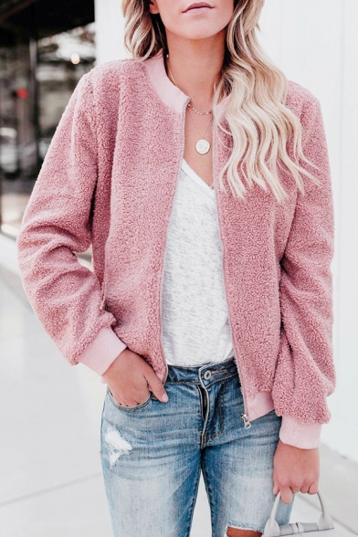 Stylish Pink Plain Stand Collar Long Sleeve Zipper Teddy Bear Jacket Coat