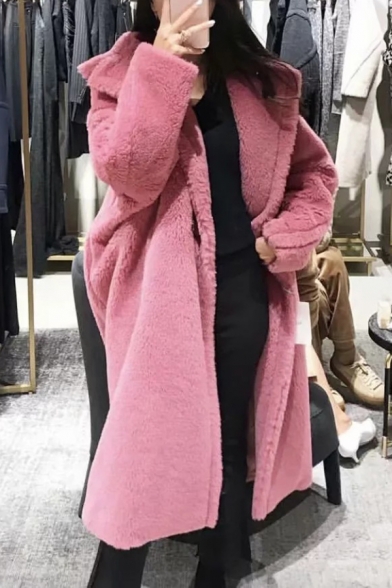 Stylish Pink Solid Color Lapel Collar Long Sleeve Button Front Faux Fur Longline Coat with Pocket