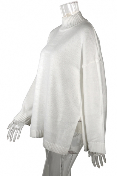 Stylish White Solid Loose High Collar Side Split Knit Long Pullover Sweater for Women