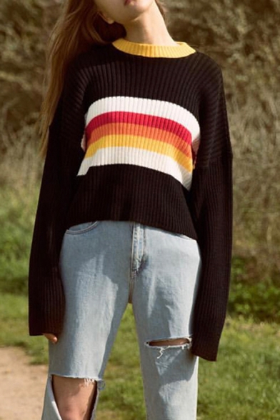 Trendy Colorful Stripes Patch Round Neck Drop Shoulder Long Sleeve Black Casual Ribbed Knit Oversized Pull-Over Sweater