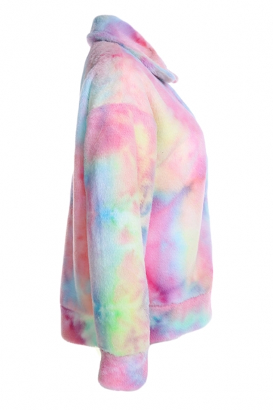 Trendy Colorful Tie Dye Print Lapel CollarLong Sleeve Zip Up Rabbit Fur Loose Coat