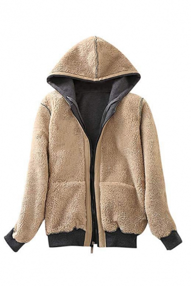 Winter Fashionable Sherpa Lined Long Sleeve Zipper Regular Fit Plain Coat with Kangaroo Pocket