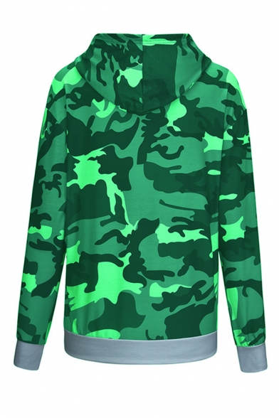 Womens Casual Camo Printed Long Sleeve Thin Drawstring Hoodie without Pocket