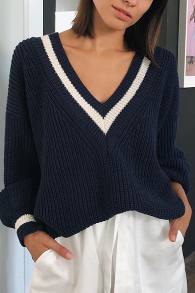 Vintage v Neck Solid Women Sweater Casual Long Sleeve Fashion Pullover Female 2019 Autumn Winter Blue 