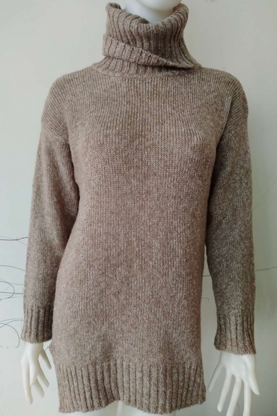 Womens Chic Solid Color Roll Neck Side Split Loose Fit Khaki Casual Mohair Knitted Pullover Sweater
