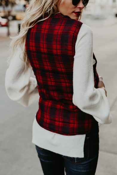 Womens Classic Plaid Sleeveless Stand Collar Zipper Slim Fit Thick Vest Coat