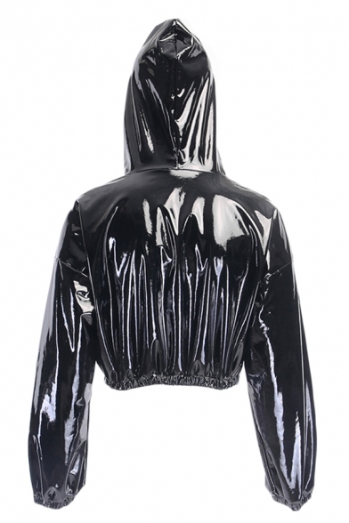 Womens Cool Plain Black PU Metallic Pleated Detail Elastic Cuff Long Sleeve Drawstring Crop Hoodie