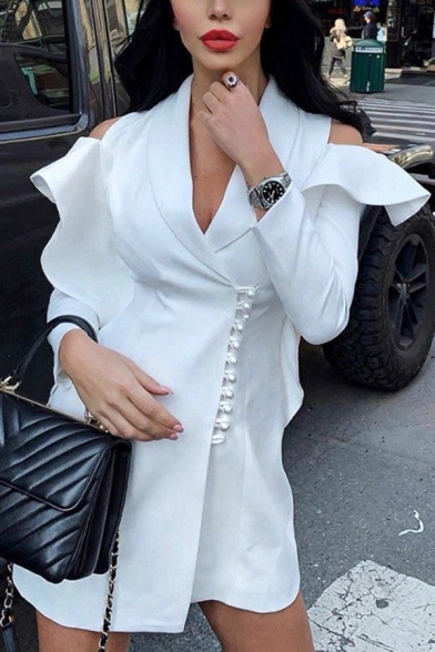 Womens Elegant Plain White Shawl Collar Cold Shoulder Ruffle Long Sleeve Faux Pearl Embellished Wrap Blazer Dress