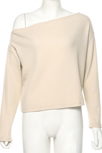 Womens Fall Stylish Plain Apricot One Shoulder Long Sleeve Loose Fit Knit Pullover Sweater