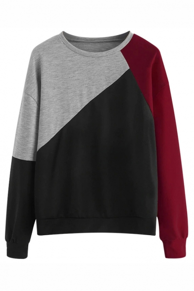 Womens Fashion Color Block Cut And Sew Round Neck Loose Fit Pullover Sweatshirt
