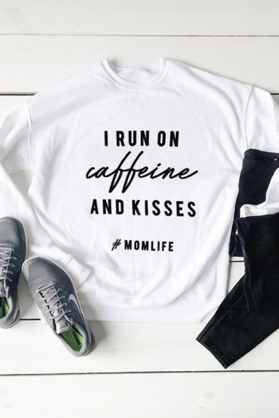 Womens Fashionable Letter I RUN ON CAFFEINE AND KISSES Printed Crew Neck Long Sleeve Sweatshirt